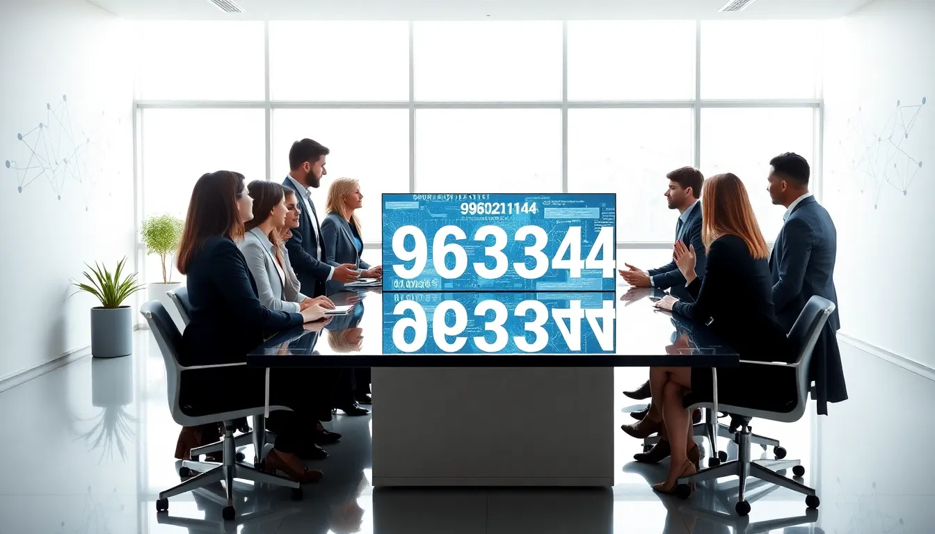 professionals discussing data in a modern office setting.